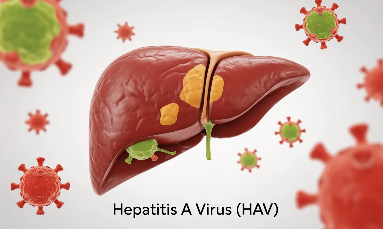 Illustration of the human liver affected by Hepatitis A virus, showing transmission through contaminated food and water, and highlighting prevention methods like vaccination.