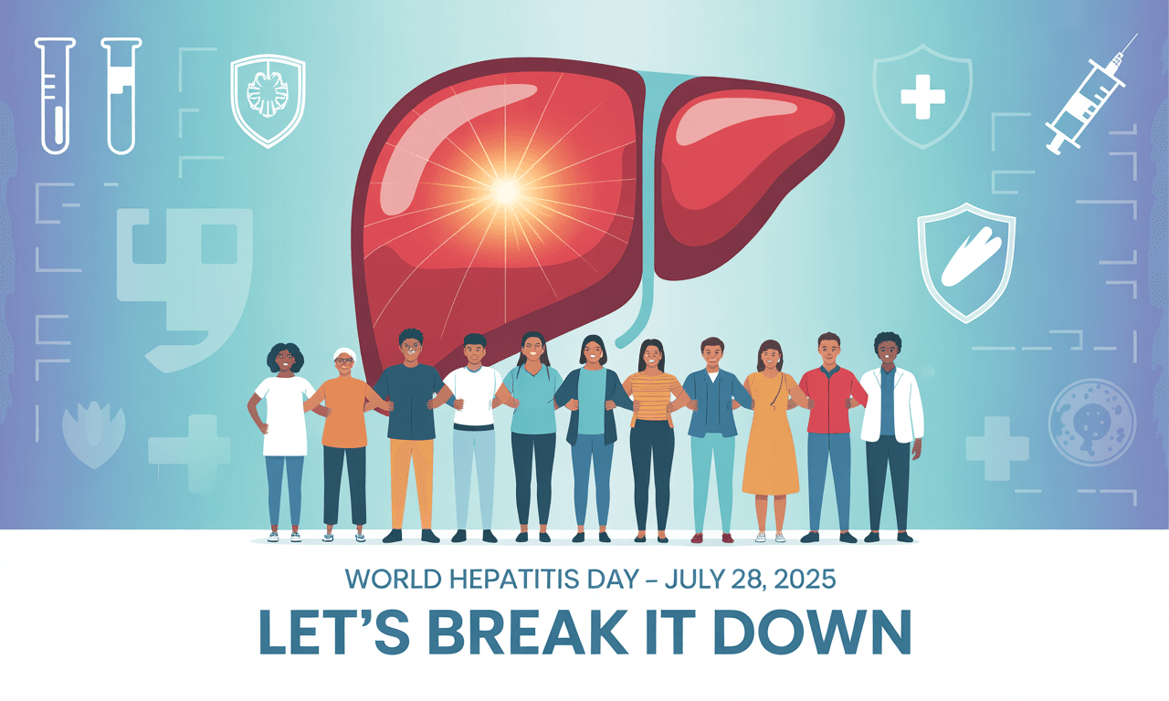 Diverse group of people standing in front of a glowing liver icon with text reading "World Hepatitis Day – July 28, 2025" and "Let’s Break It Down"