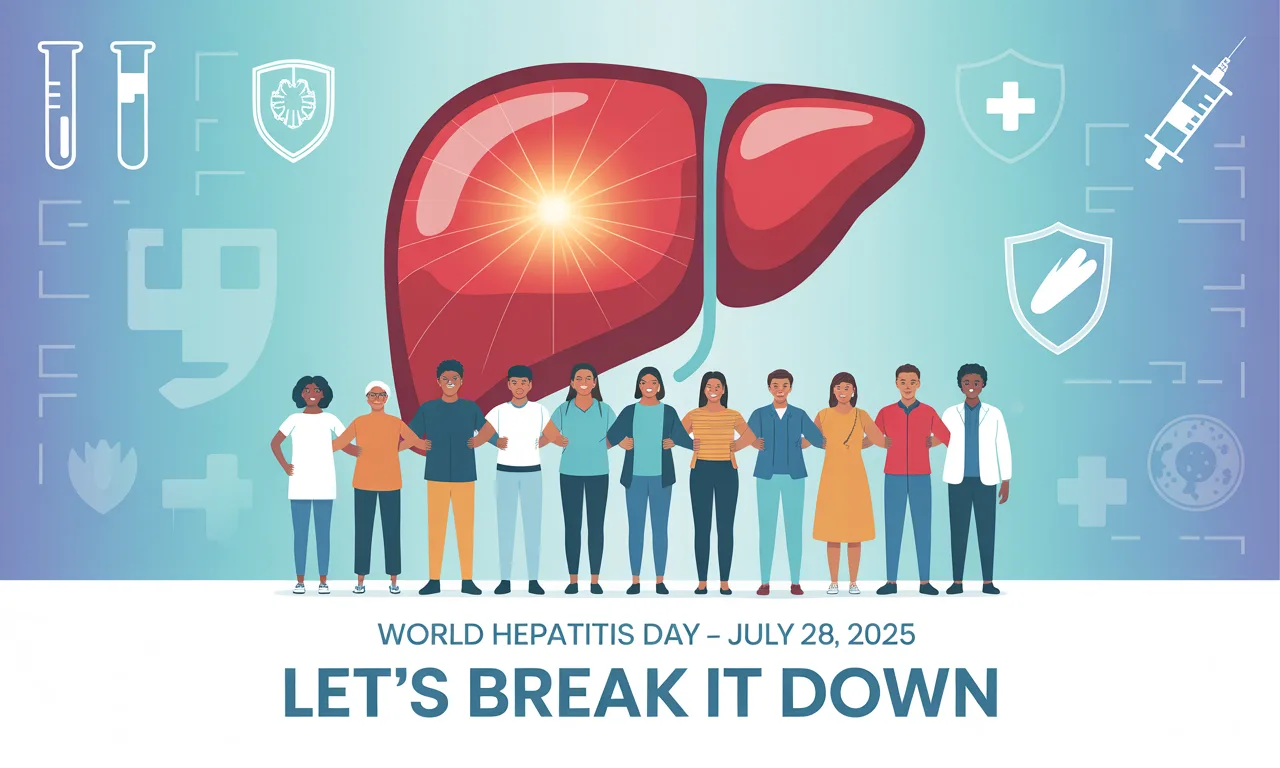 Diverse group of people standing in front of a glowing liver icon with text reading "World Hepatitis Day – July 28, 2025" and "Let’s Break It Down"