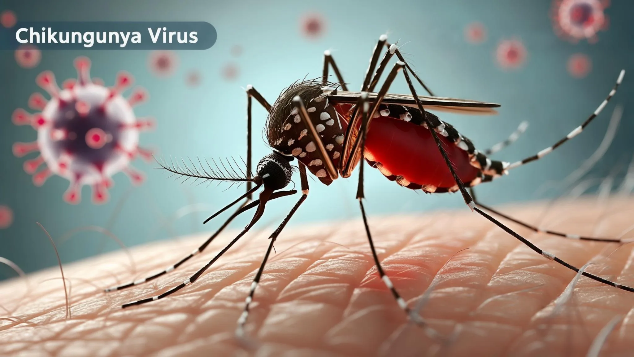 A close-up image of a mosquito biting human skin, representing the transmission of the Chikungunya virus.