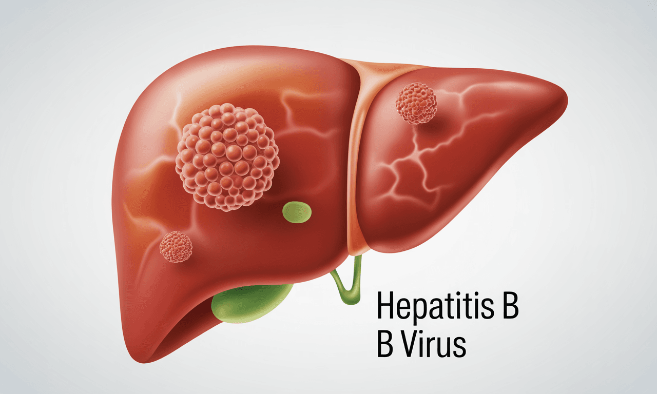 Infographic of the human liver showing inflammation caused by Hepatitis B virus (HBV), with labeled visuals of virus structure and common transmission routes.