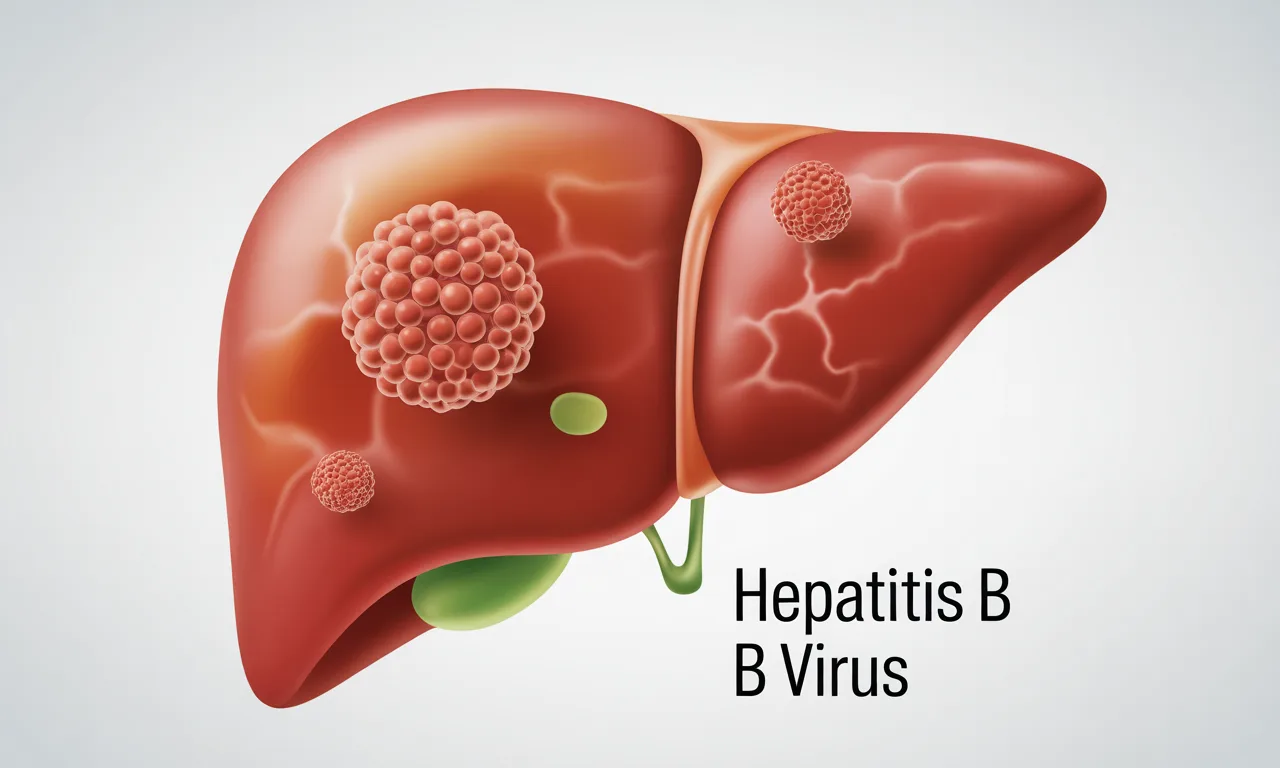 Infographic of the human liver showing inflammation caused by Hepatitis B virus (HBV), with labeled visuals of virus structure and common transmission routes.