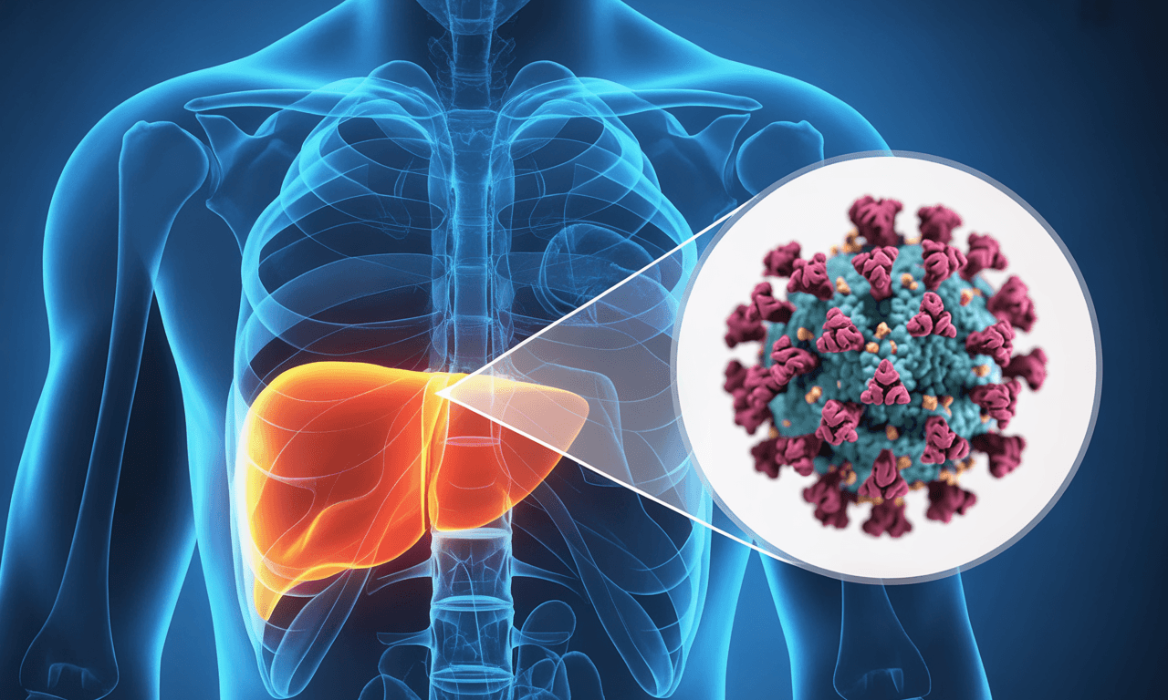 A blue-toned, semi-transparent frontal view of a human upper torso rendered in X-ray style; the liver inside the ribcage glows bright orange, while a thin white pointer leads to a circular inset on the right that contains a detailed 3-D spherical virus particle colored purple, teal, and red.