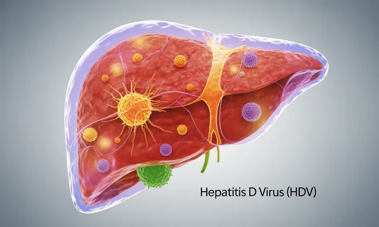 Infographic of a human liver showing the effects of Hepatitis D virus (HDV), with labeled inflammation, fibrosis, and coinfection with Hepatitis B virus.