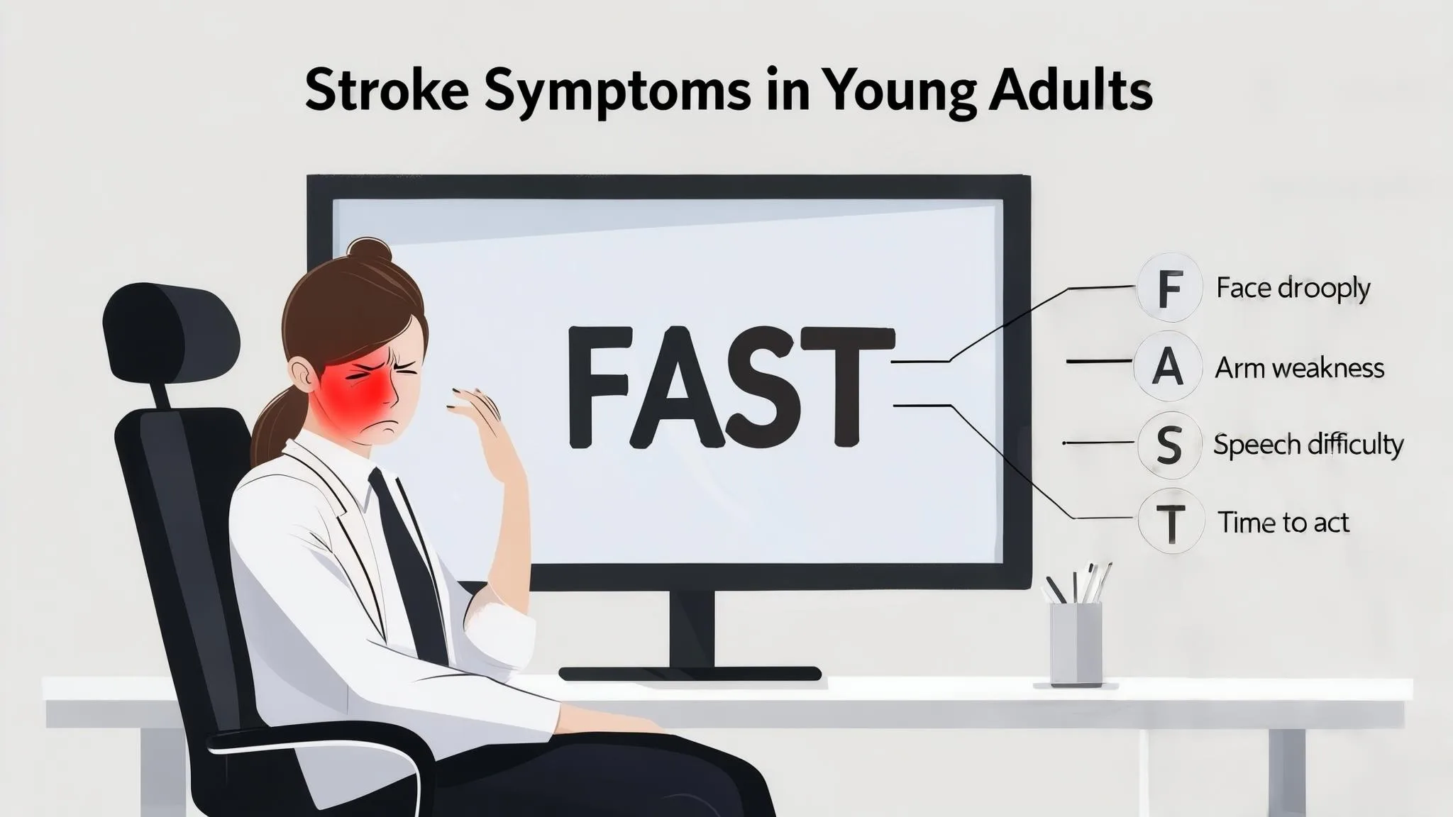 Young professional showing signs of stroke—facial drooping and arm weakness—with the FAST acronym displayed: Face drooping, Arm weakness, Speech difficulty, Time to act.