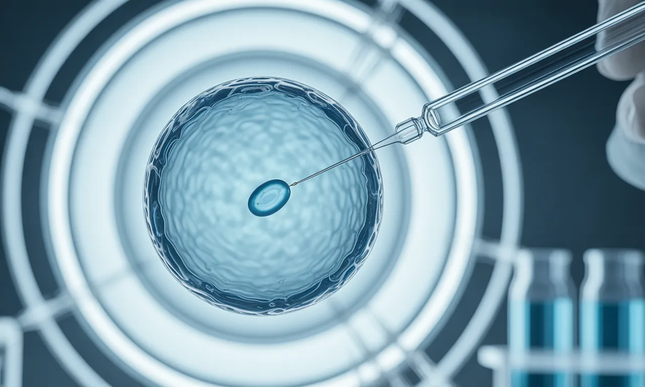 Close-up of a human ovum being injected with a single sperm using a glass micropipette during the ICSI fertility treatment.