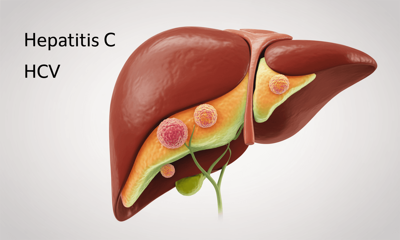 Infographic showing the human liver infected by Hepatitis C virus (HCV), highlighting liver inflammation, viral transmission pathways, and the importance of early diagnosis.