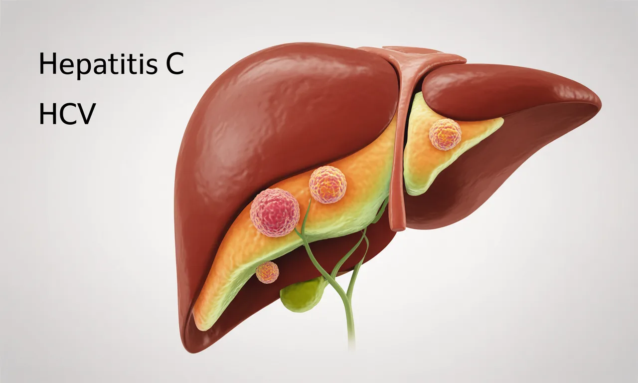 Infographic showing the human liver infected by Hepatitis C virus (HCV), highlighting liver inflammation, viral transmission pathways, and the importance of early diagnosis.