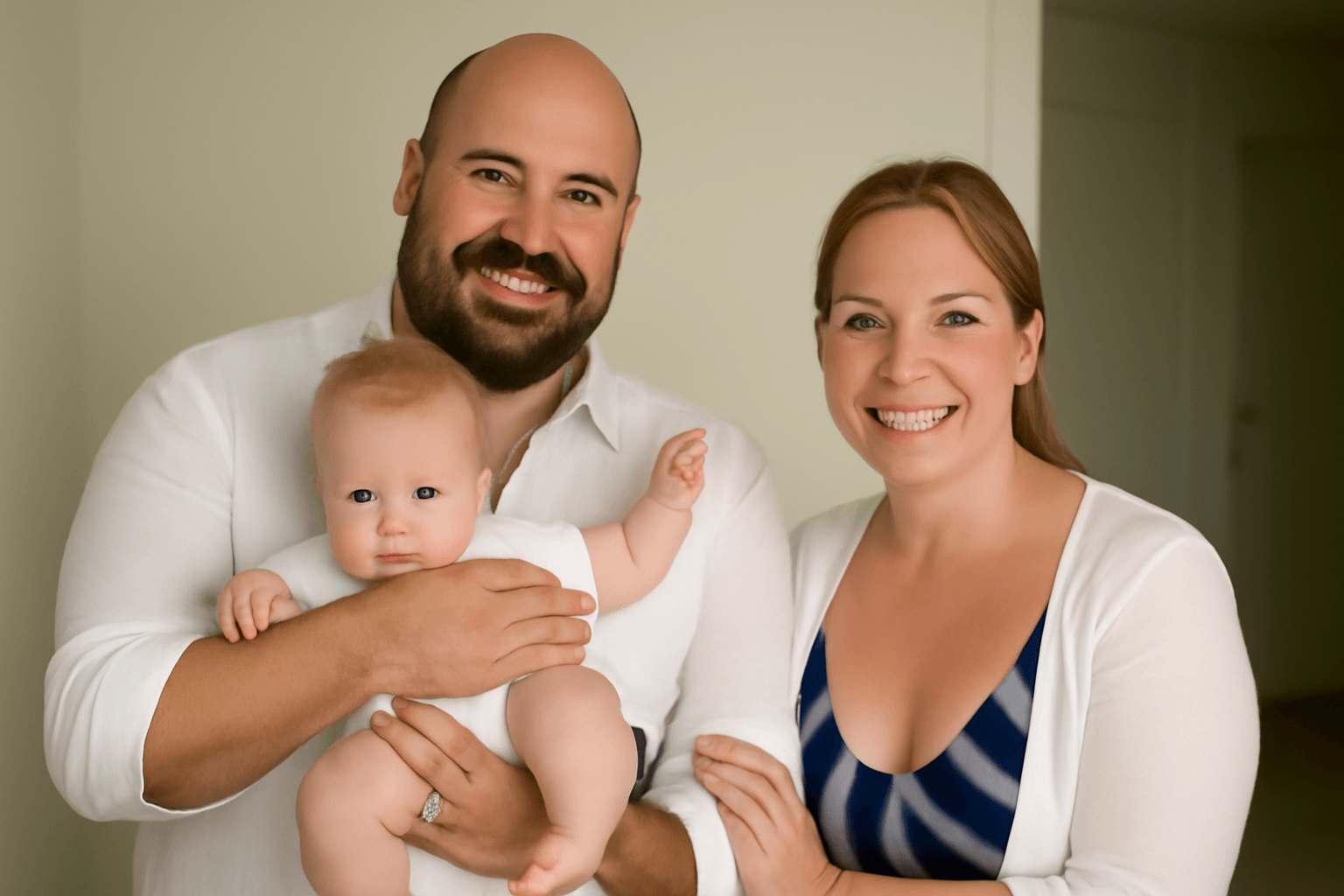 Smiling father holds an infant while the mother stands beside them, all facing the camera against a soft, neutral backdrop.