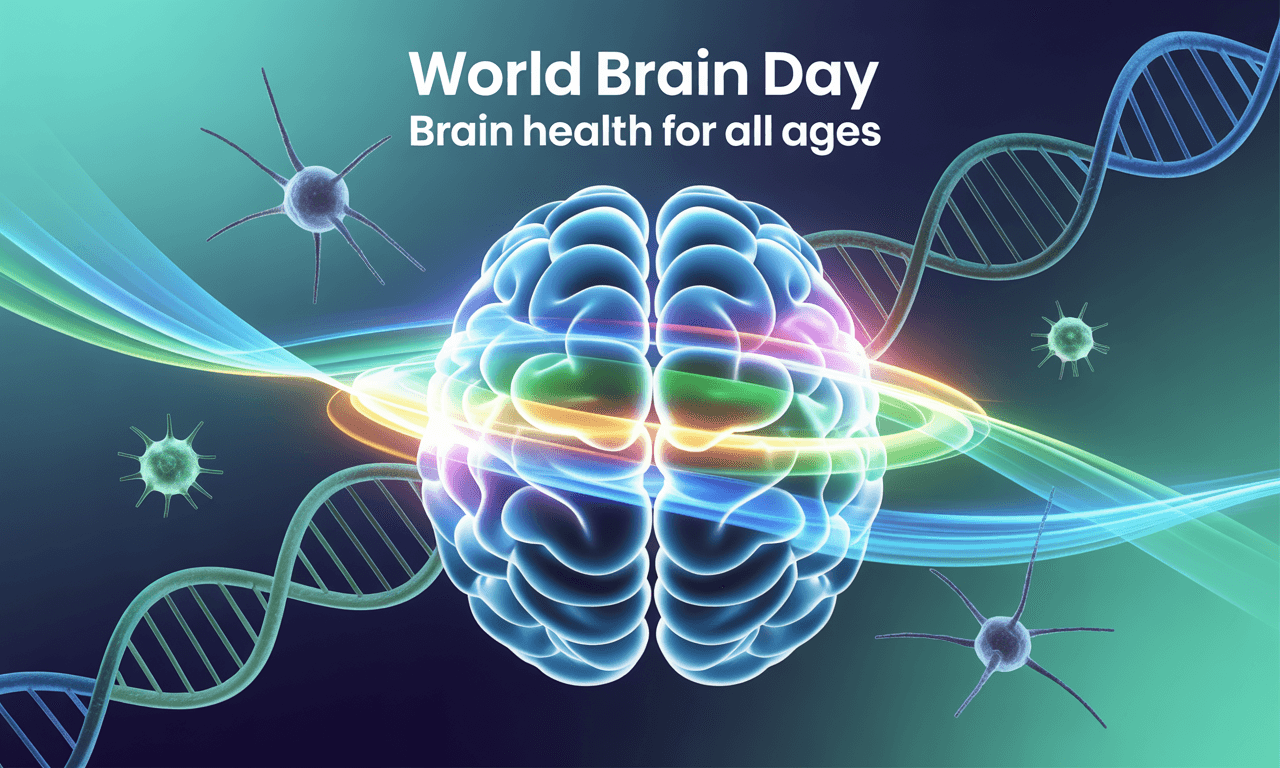 A vibrant digital illustration of a glowing human brain surrounded by DNA strands and neurons, symbolizing World Brain Day and brain health for all ages.