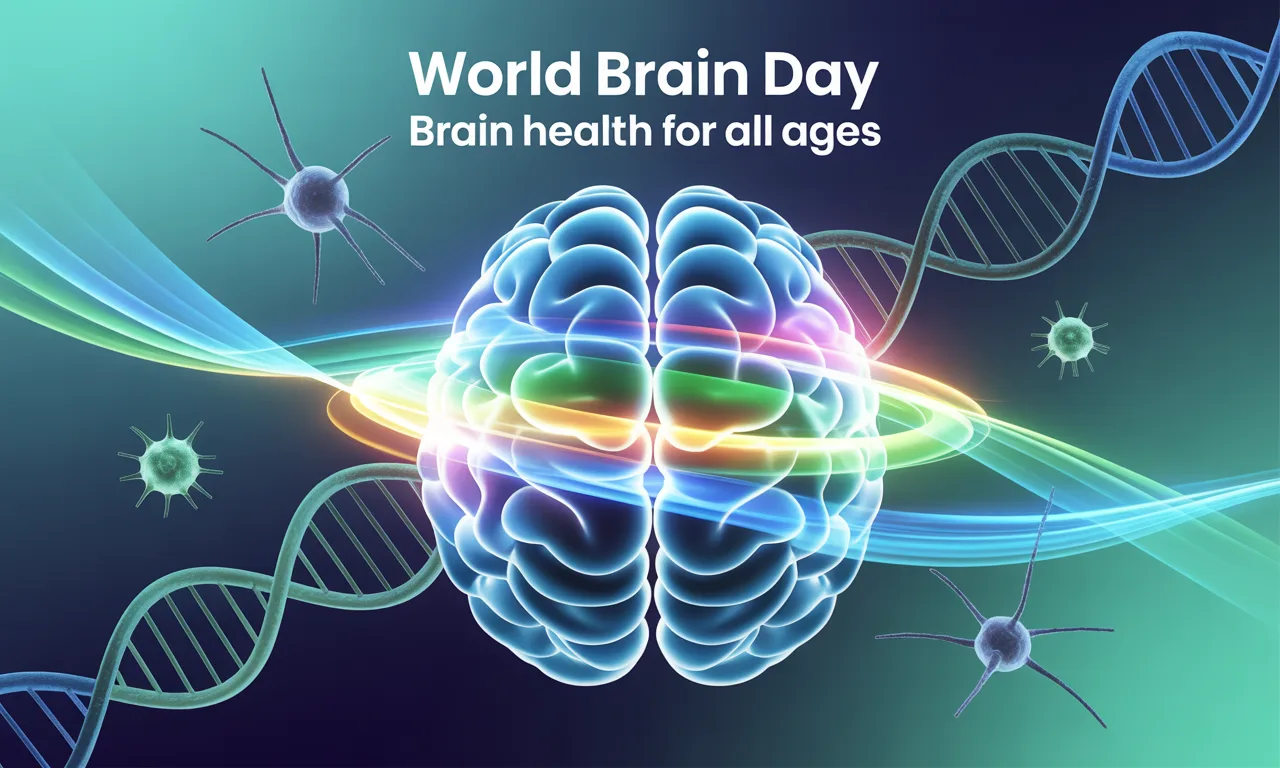 A vibrant digital illustration of a glowing human brain surrounded by DNA strands and neurons, symbolizing World Brain Day and brain health for all ages.