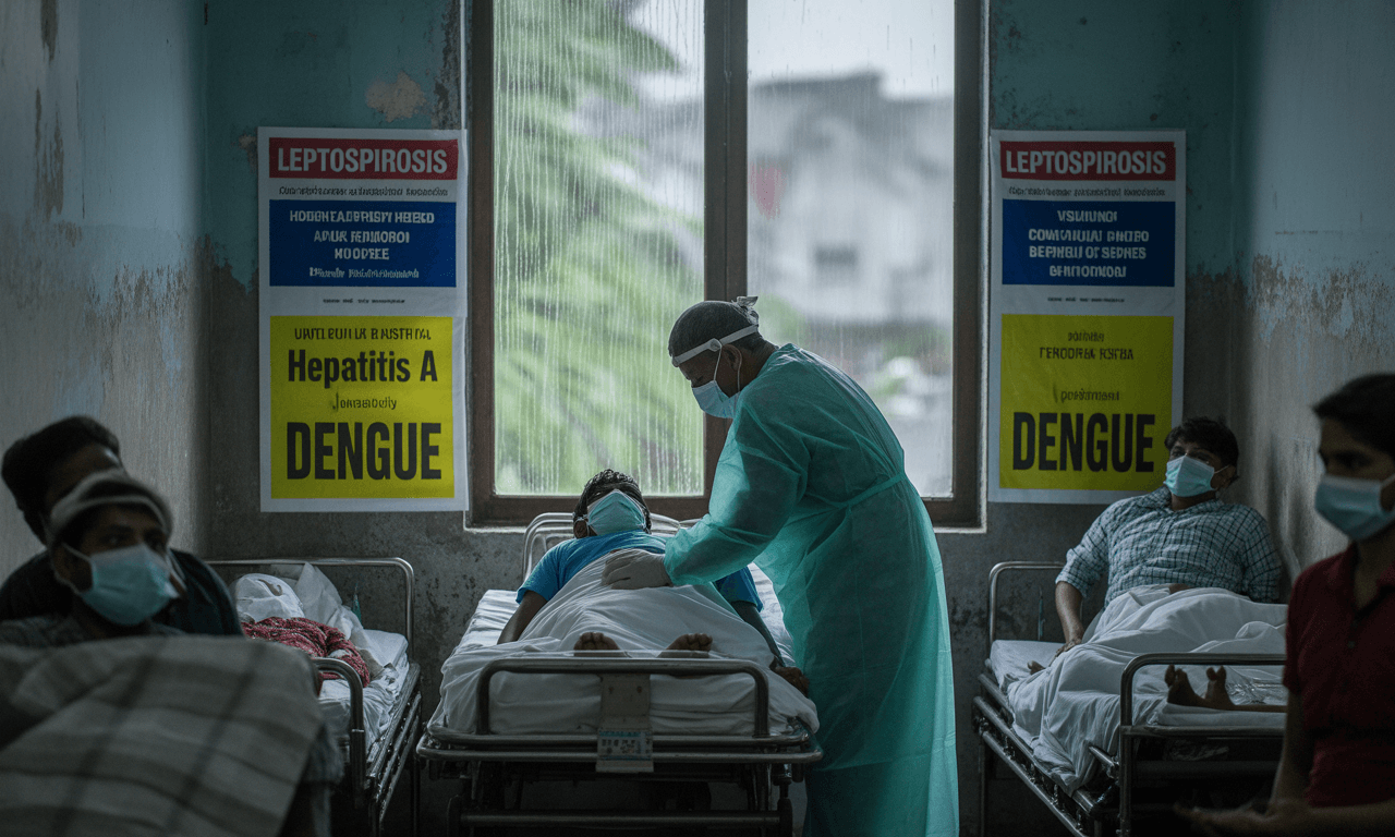 Overcrowded government hospital in Kozhikode during monsoon with masked patients and healthcare workers treating leptospirosis, hepatitis A, and dengue cases.