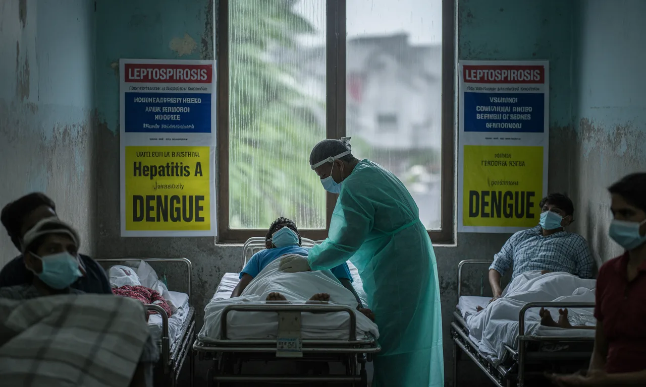 Overcrowded government hospital in Kozhikode during monsoon with masked patients and healthcare workers treating leptospirosis, hepatitis A, and dengue cases.