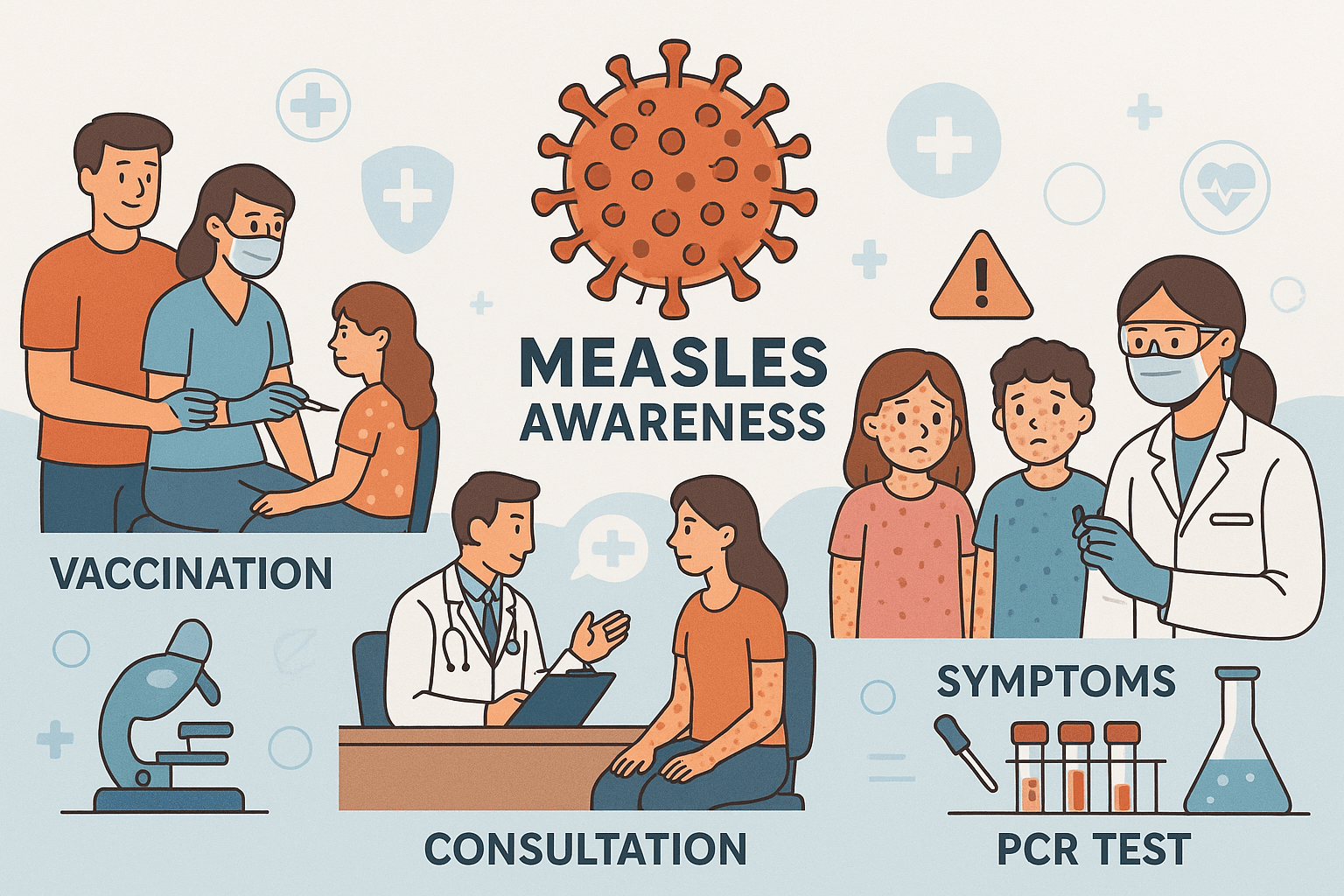 Illustration showing the measles virus, representing its structure and significance in measles infection, symptoms, and prevention.