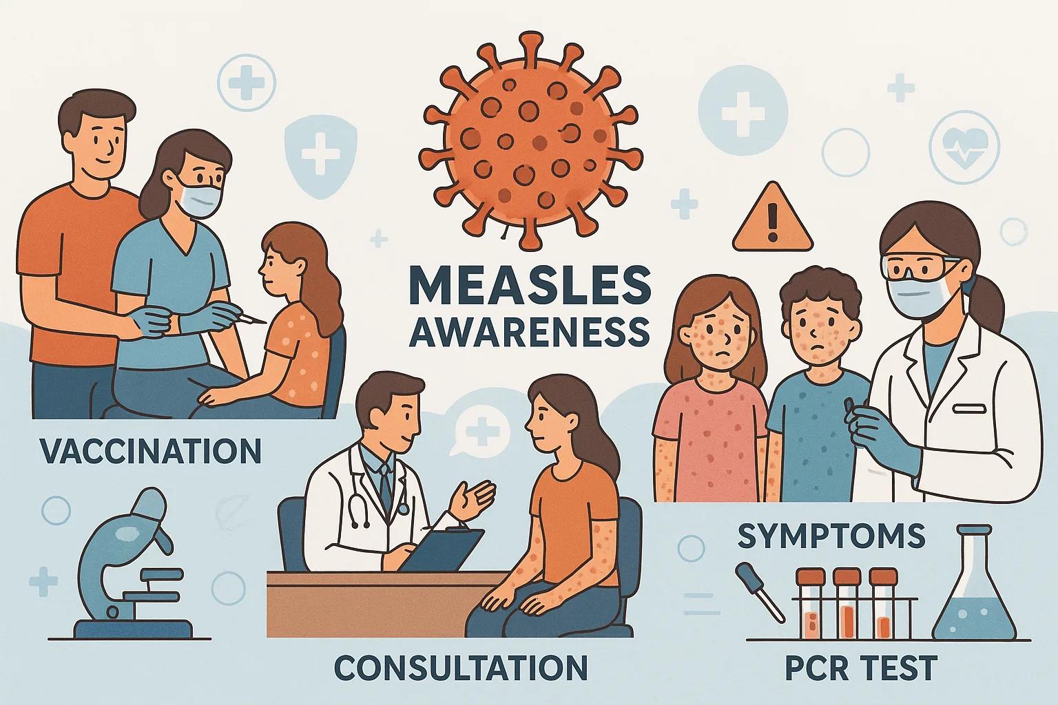 Illustration showing the measles virus, representing its structure and significance in measles infection, symptoms, and prevention.
