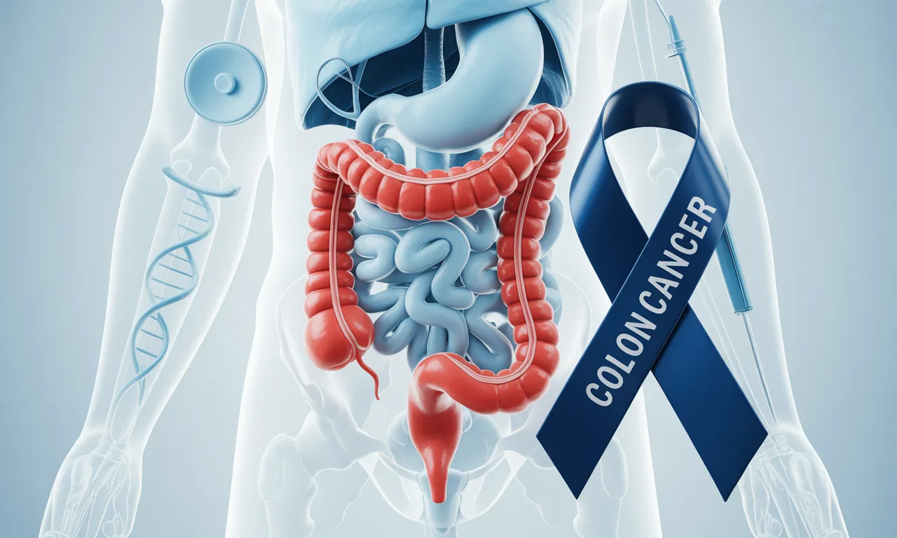 Medical illustration of the human digestive system highlighting the colon in red, with a dark blue colon cancer awareness ribbon and subtle medical icons in the background.