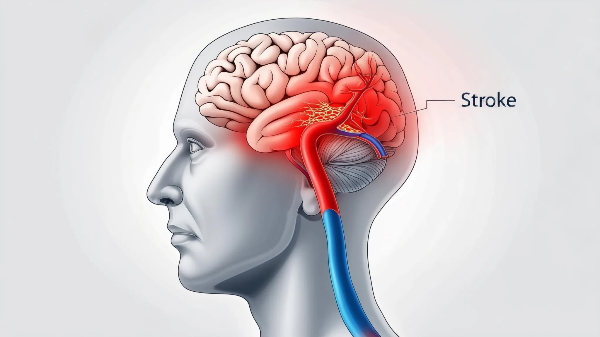Side view medical illustration of a human head and upper torso showing the brain with highlighted areas of ischemic and hemorrhagic stroke.
