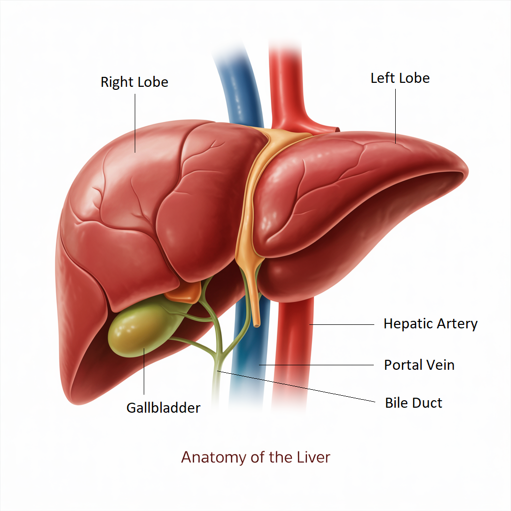 Frontal view medical illustration of the human liver on a white background. The right and left lobes, gallbladder, hepatic artery, portal vein, and bile ducts are clearly labeled with fine lines.