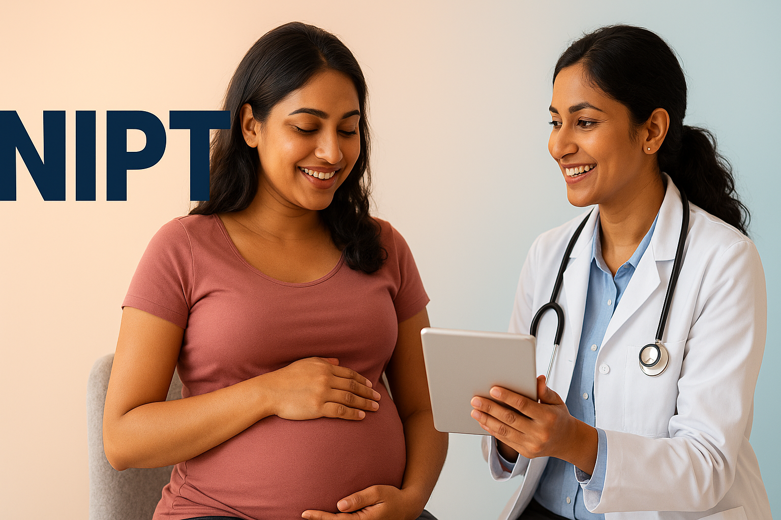 Pregnant woman in a clinic receiving NIPT test consultation, representing safe non-invasive prenatal screening available across India by DNA Labs India