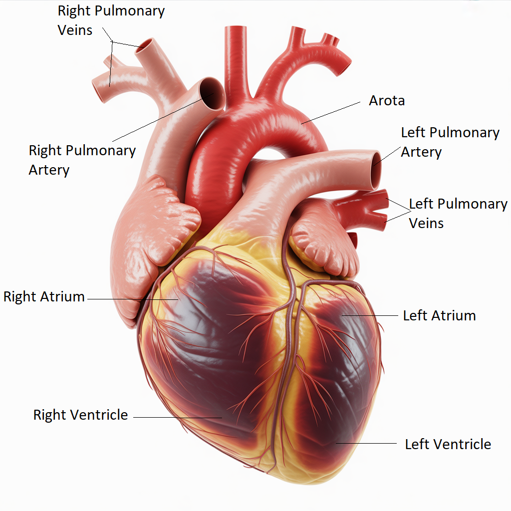 Medical illustration of the human heart in frontal view, with labeled parts: right atrium, right ventricle, left atrium, left ventricle, aorta, pulmonary arteries, pulmonary veins, and heart valves.