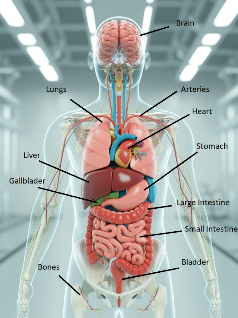 Colorful educational illustration of the human body highlighting the brain, lungs, heart, liver, kidneys, gallbladder, small and large intestines, pancreas, stomach, skin, bladder, bones, and arteries with clear labels.