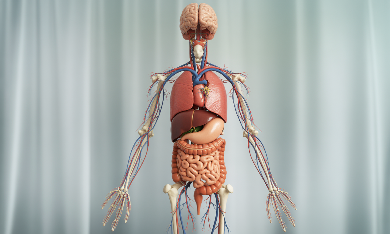 Anatomical illustration of the human body showing the brain, lungs, heart, liver, kidneys, gallbladder, intestines, pancreas, stomach, skin, bladder, bones, and arteries in realistic colors, without labels.