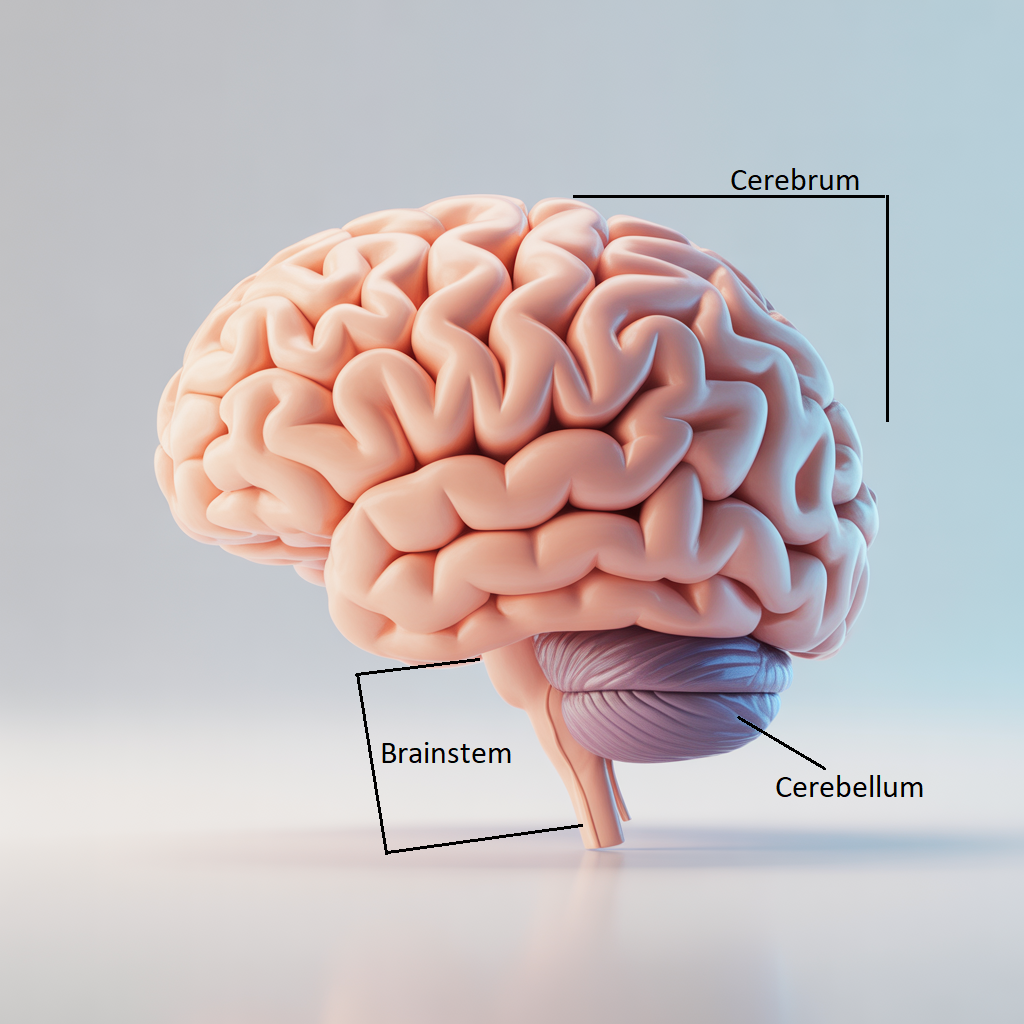Medical illustration of the human brain in side view with labeled regions: Cerebrum, Cerebellum, and Brainstem.