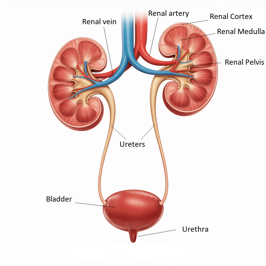 Anatomically accurate medical illustration of the human kidneys in posterior view, showing kidneys, renal arteries and veins, ureters, and bladder.