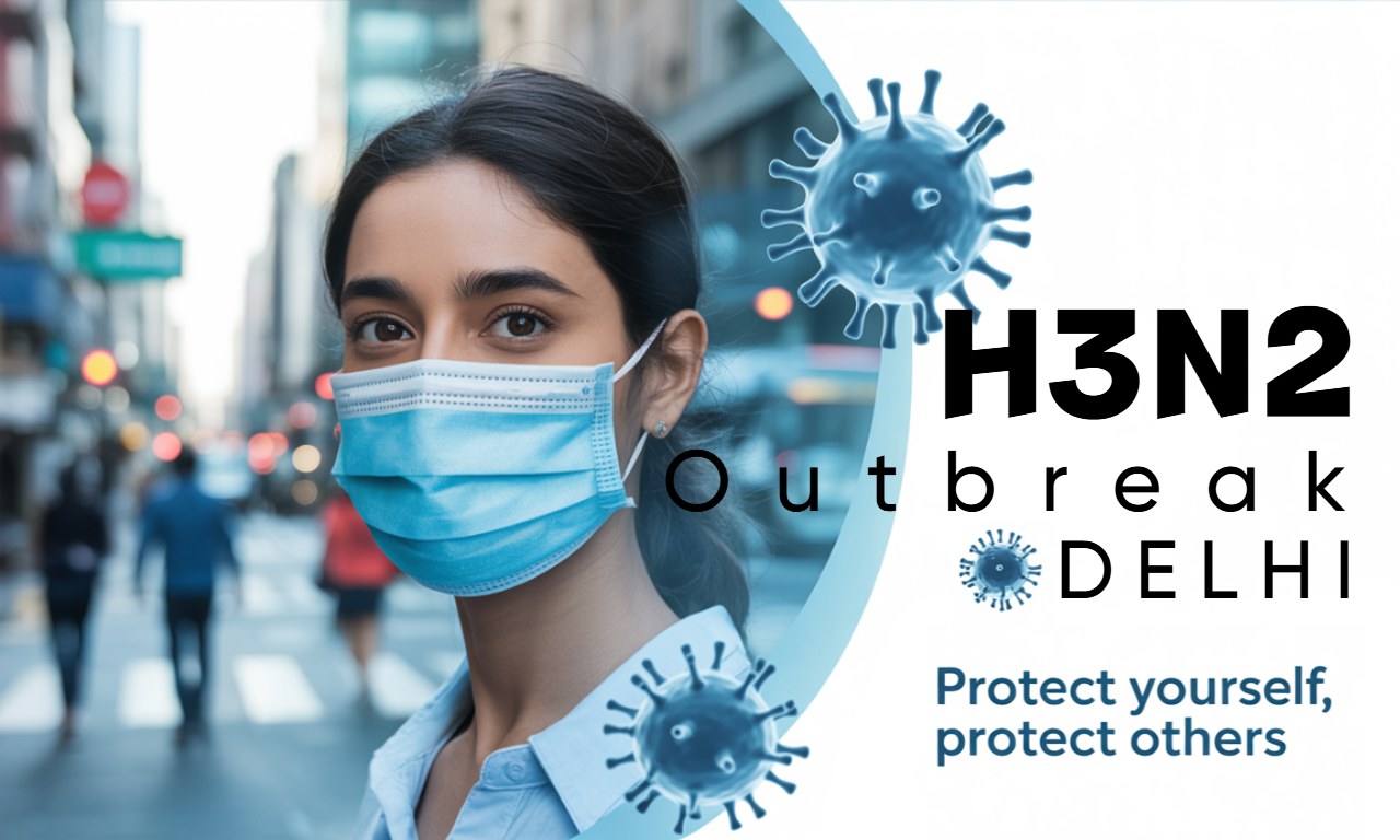 Illustration of a masked person in Delhi during the H3N2 flu outbreak, with virus particles, and wearing a mask – representing public health awareness.