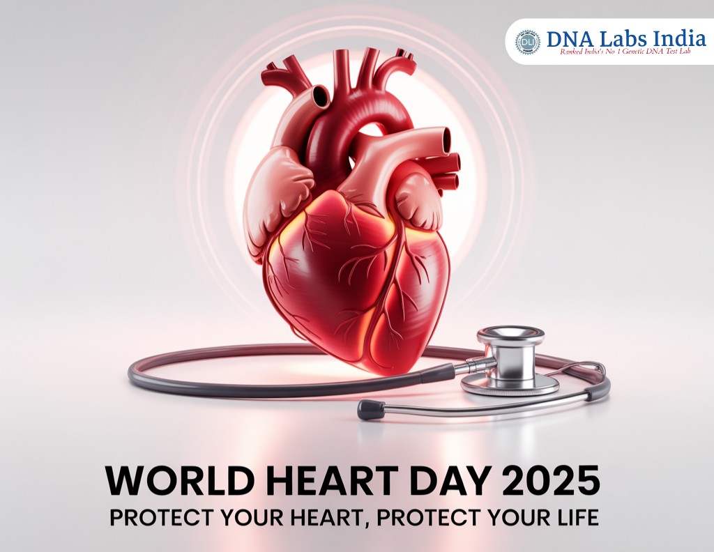 Illustration of a human heart with a stethoscope, highlighting heart health awareness for World Heart Day 2025 by DNA Labs India