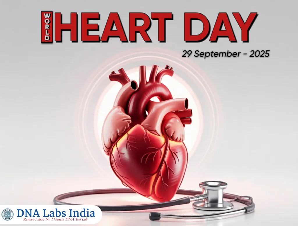 Illustration of a human heart with a stethoscope, highlighting heart health awareness for World Heart Day 2025 by DNA Labs India