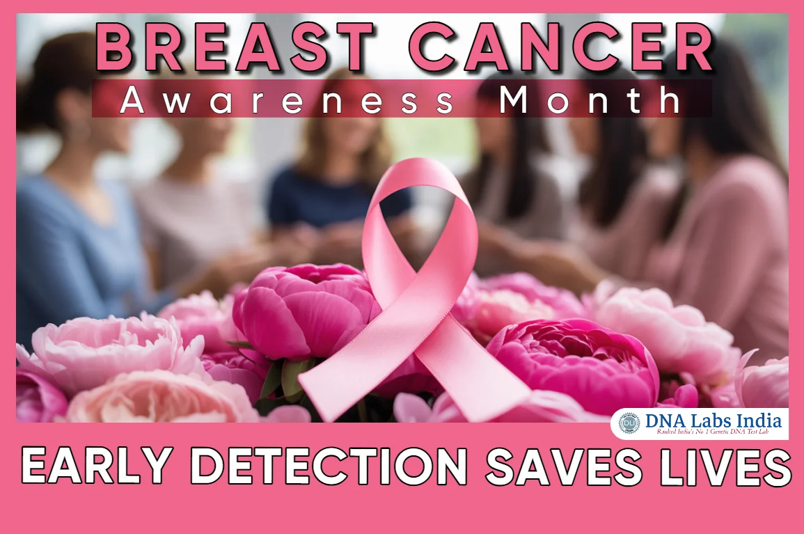 Breast Cancer Awareness Month banner featuring a pink ribbon on a bed of pink flowers, with a group of women in the background blurred. The text reads "BREAST CANCER Awareness Month" and "EARLY DETECTION SAVES LIVES."