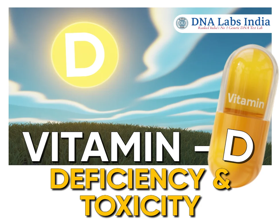 Illustration showing a bright sun with the letter "D" in the sky, a Vitamin D capsule, and bold text reading "VITAMIN D DEFICIENCY & TOXICITY" with the DNA Labs India logo in the top right corner.