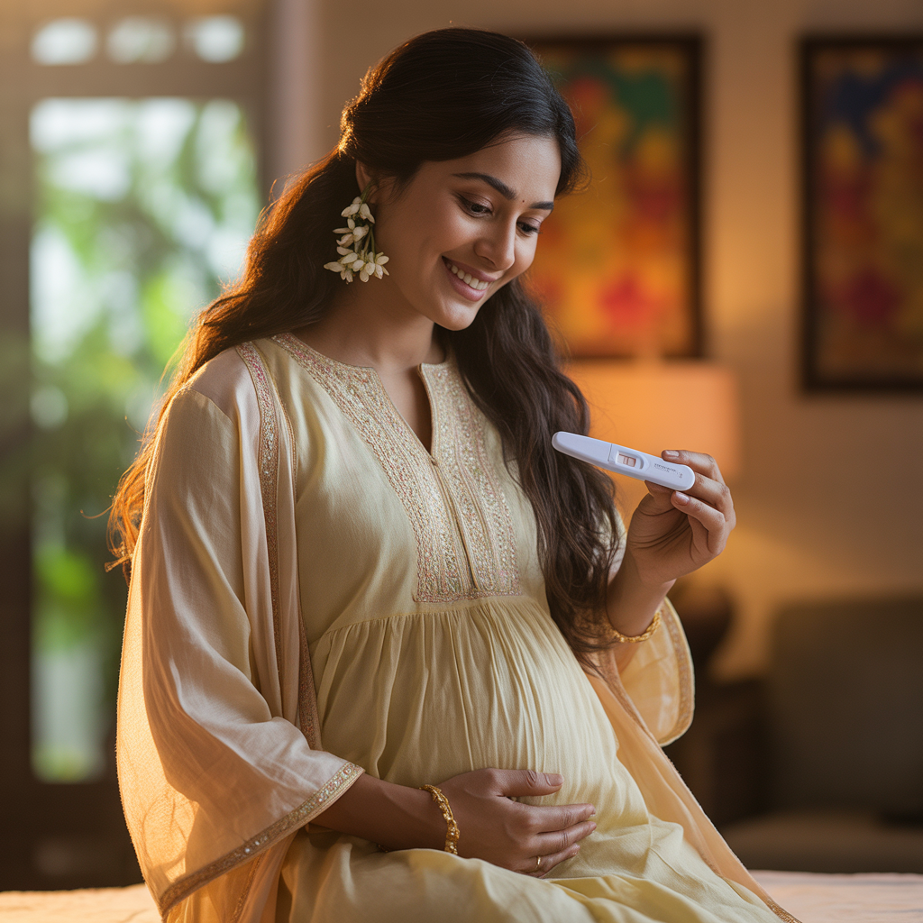Pregnant women holding the pregnancy test kit