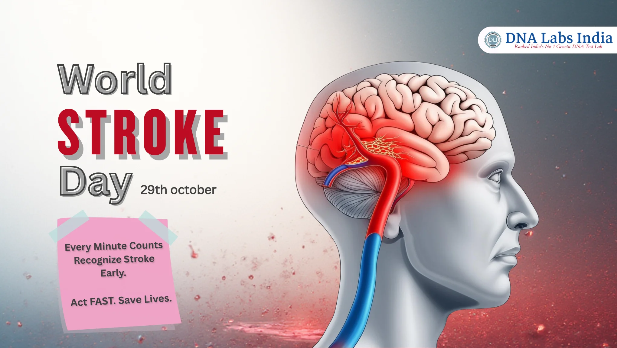 World Stroke Day 2025 awareness image showing a human brain and blood vessels with the theme “Every Minute Counts” by DNA Labs India.