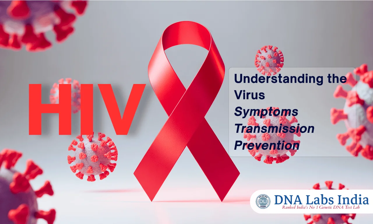 HIV awareness red ribbon with surrounding virus particles and text about understanding HIV symptoms, transmission and prevention, with DNA Labs India logo.