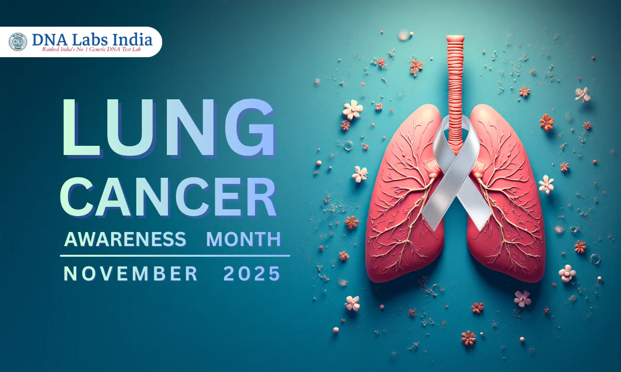 Illustration of human lungs with a silver ribbon symbolizing lung cancer awareness, promoting Lung Cancer Awareness Month in November 2025 by DNA Labs India.