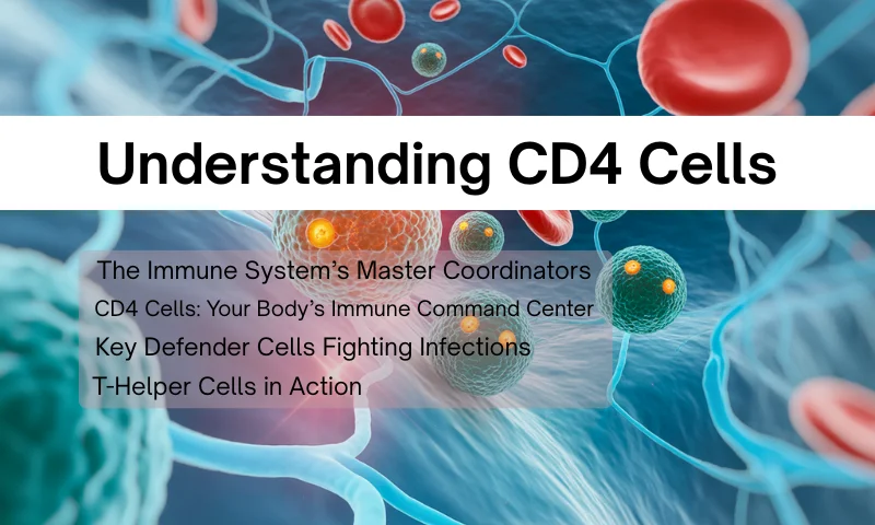 Illustration of blood and immune cells with large text reading ‘Understanding CD4 Cells’ and smaller subtitles about CD4 cells as immune system coordinators and defenders.