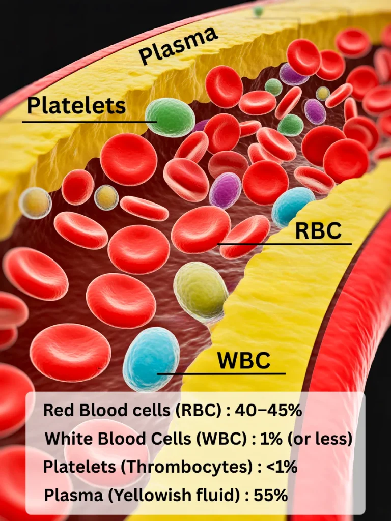 Illustration of blood vessel showing red blood cells, white blood cells, platelets, and plasma with labeled proportions.