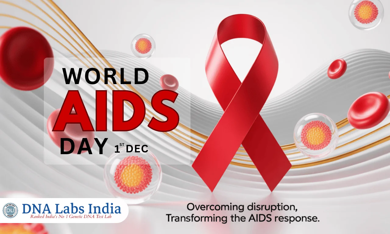 World AIDS Day hero banner with red awareness ribbon, red blood cells and HIV virus icons, promoting 1 December HIV awareness by DNA Labs India.