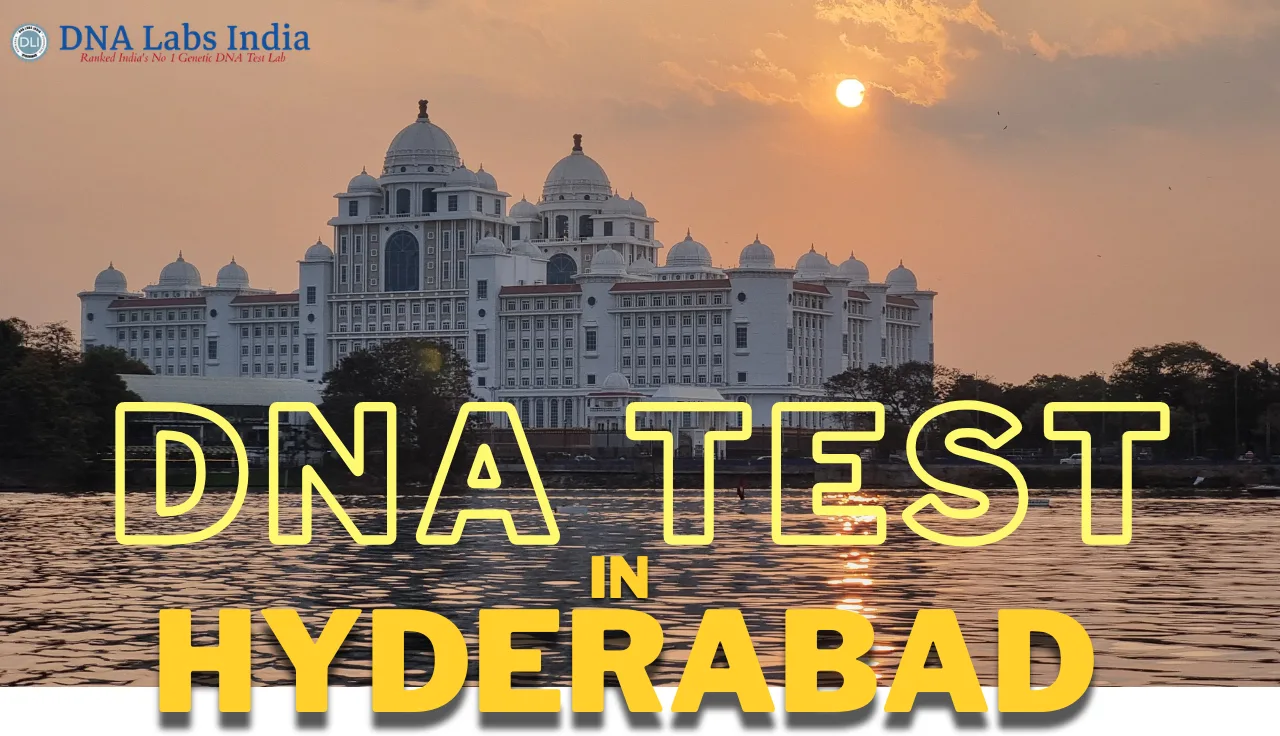 Sunset view of grand white building over water with overlay text reading: DNA TEST IN HYDERABAD.
