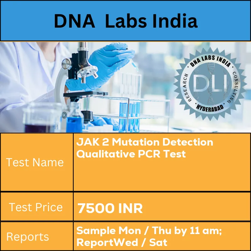 JAK 2 Mutation Detection Qualitative PCR Test cost 3 mL (2 mL min.) whole blood from 1 Lavender Top (EDTA) tube. Ship refrigerated. DO NOT FREEZE. Duly filled Genomics Clinical Information Requisition Form (Form 20) is mandatory. INR in India