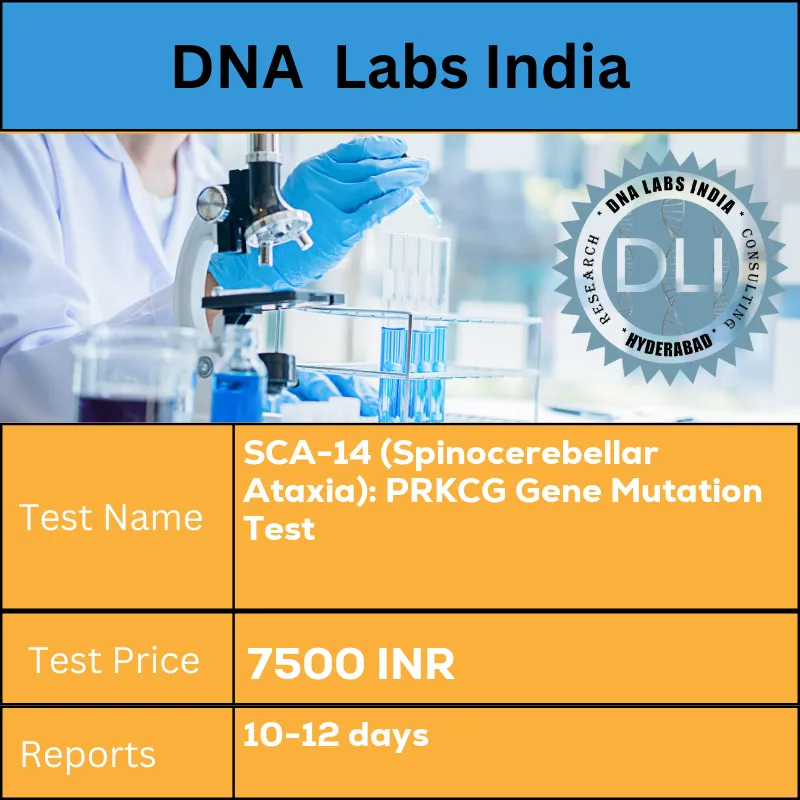 SCA-14 (Spinocerebellar Ataxia): PRKCG Gene Mutation Test cost 4 mL (2 mL min.) whole blood in 1 Lavender top (EDTA) tube. Ship refrigerated. DO NOT FREEZE. Duly filled Genomics Clinical Information Requisition Form (Form 20) is mandatory. INR in India