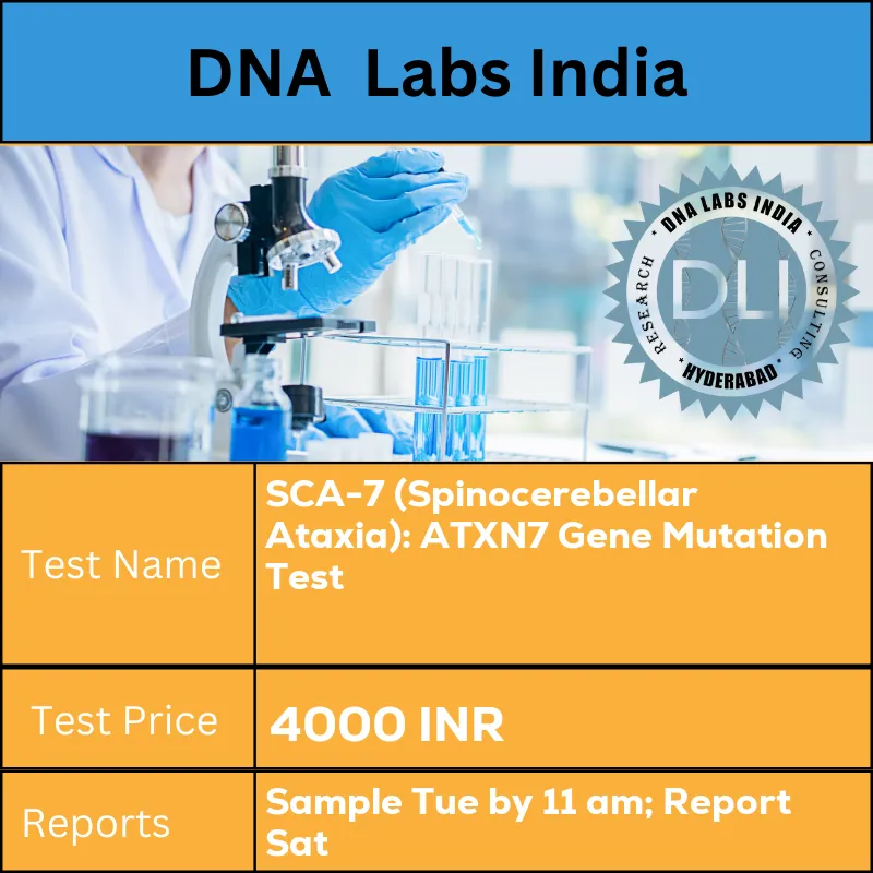 SCA-7 (Spinocerebellar Ataxia): ATXN7 Gene Mutation Test cost 4 mL (2 mL min.) whole blood in 1 Lavender top (EDTA) tube. Ship refrigerated. DO NOT FREEZE. Duly filled Genomics Clinical Information Requisition Form (Form 20) is mandatory. INR in India