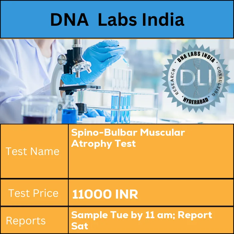 Spino-Bulbar Muscular Atrophy Test cost 4 mL (2 mL min.) whole blood in 1 Lavender top (EDTA) tube. Ship refrigerated. DO NOT FREEZE. Duly filled Genomics Clinical information requisition form (Form 20) is mandatory. INR in India