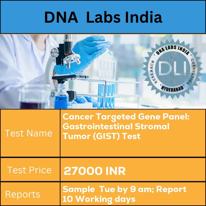Cancer Targeted Gene Panel: Gastrointestinal Stromal Tumor (GIST) Test cost Submit Formalin fixed paraffin embedded tissue block. Ship at room temperature. Duly filled NGS Test Requisition Form (Form 40) is mandatory. INR in India