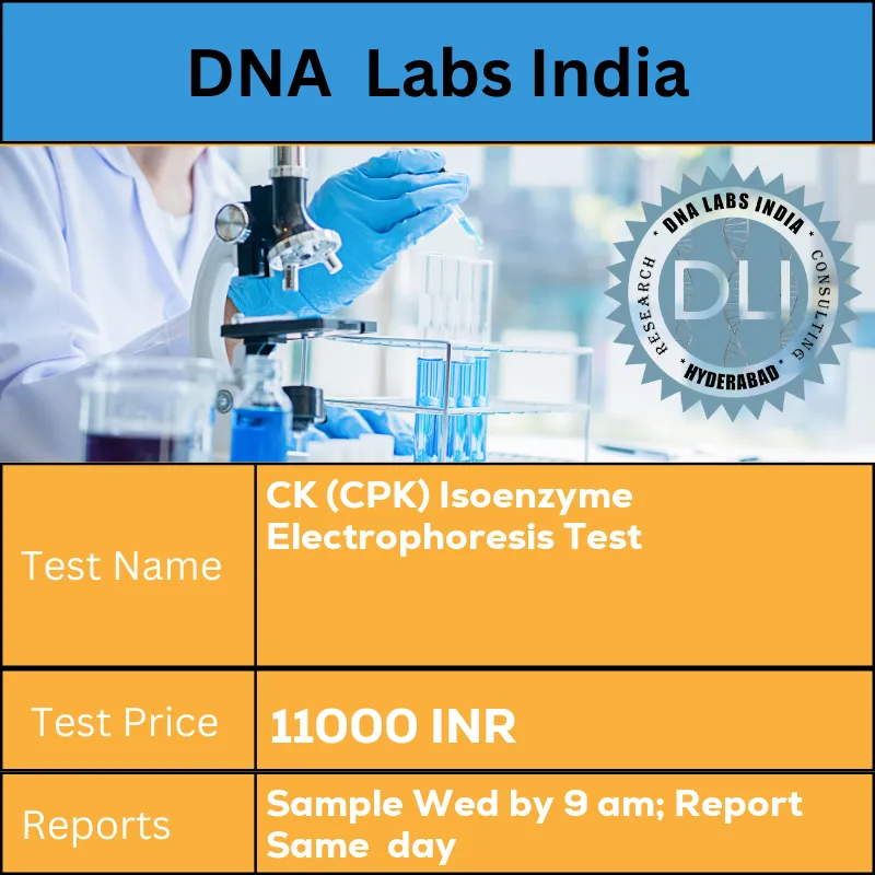 CK (CPK) Isoenzyme Electrophoresis Test cost 2 mL (1.5 mL min.) serum from 1 SST. Hemolysed specimens are not acceptable. Ship refrigerated or frozen. INR in India