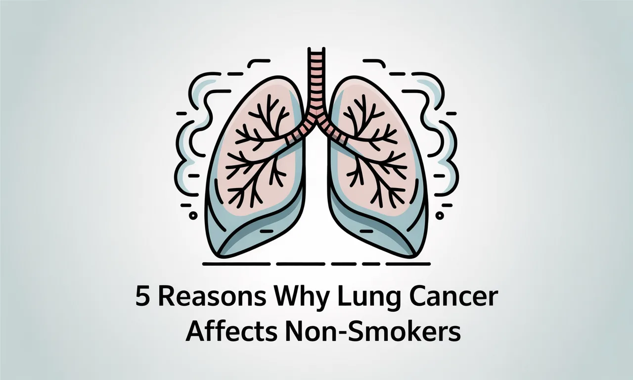 Illustration of healthy human lungs surrounded by subtle smoke, symbolizing environmental exposure. The background uses a muted medical color palette, and the text “5 Reasons Why Lung Cancer Affects Non-Smokers” is clearly displayed.