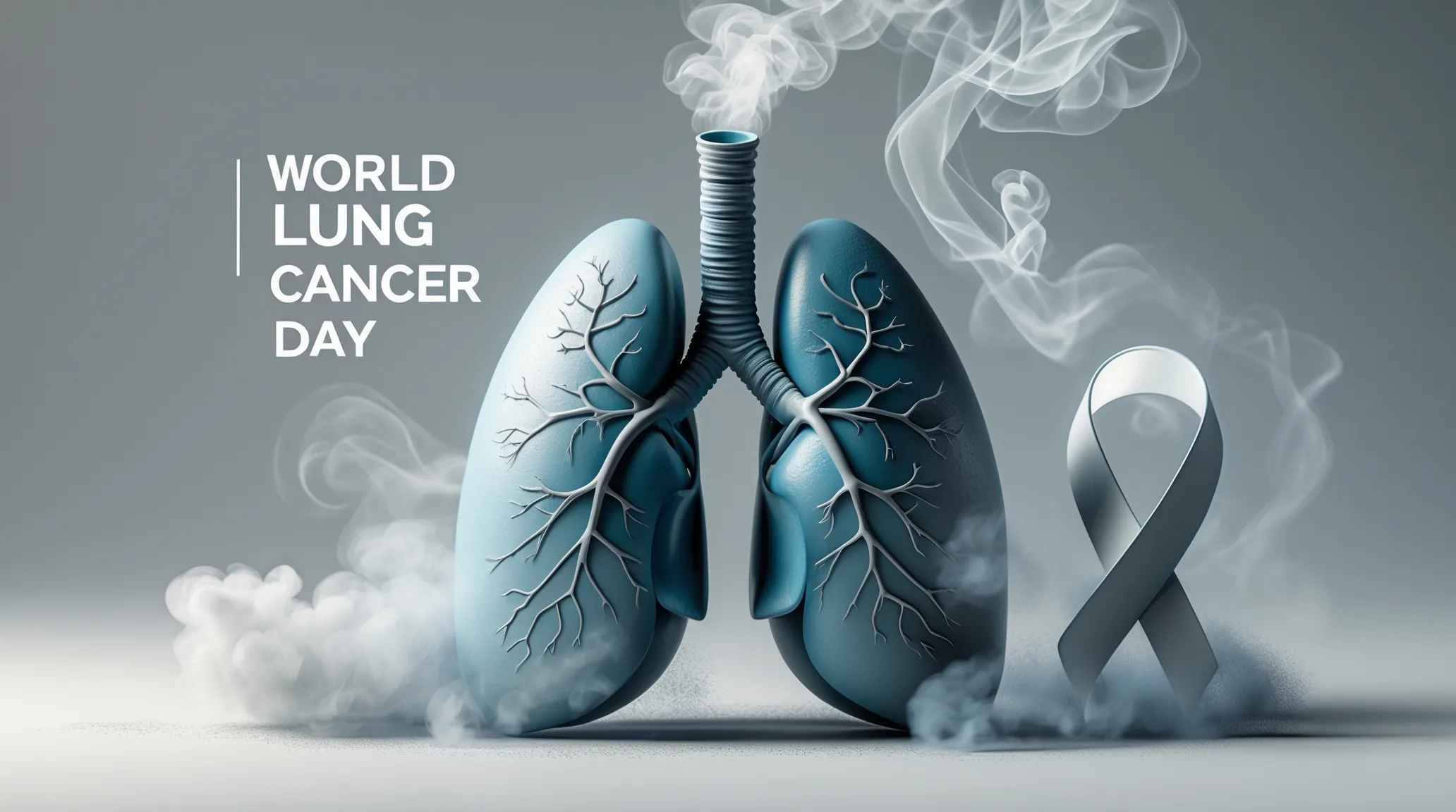 Illustration of healthy human lungs surrounded gently by soft grayish-blue smoke symbolizing environmental exposure. A white lung cancer awareness ribbon is prominently placed beside the lungs. The text "World Lung Cancer Day" is displayed in muted medical tones of soft blues, grays, and neutrals.