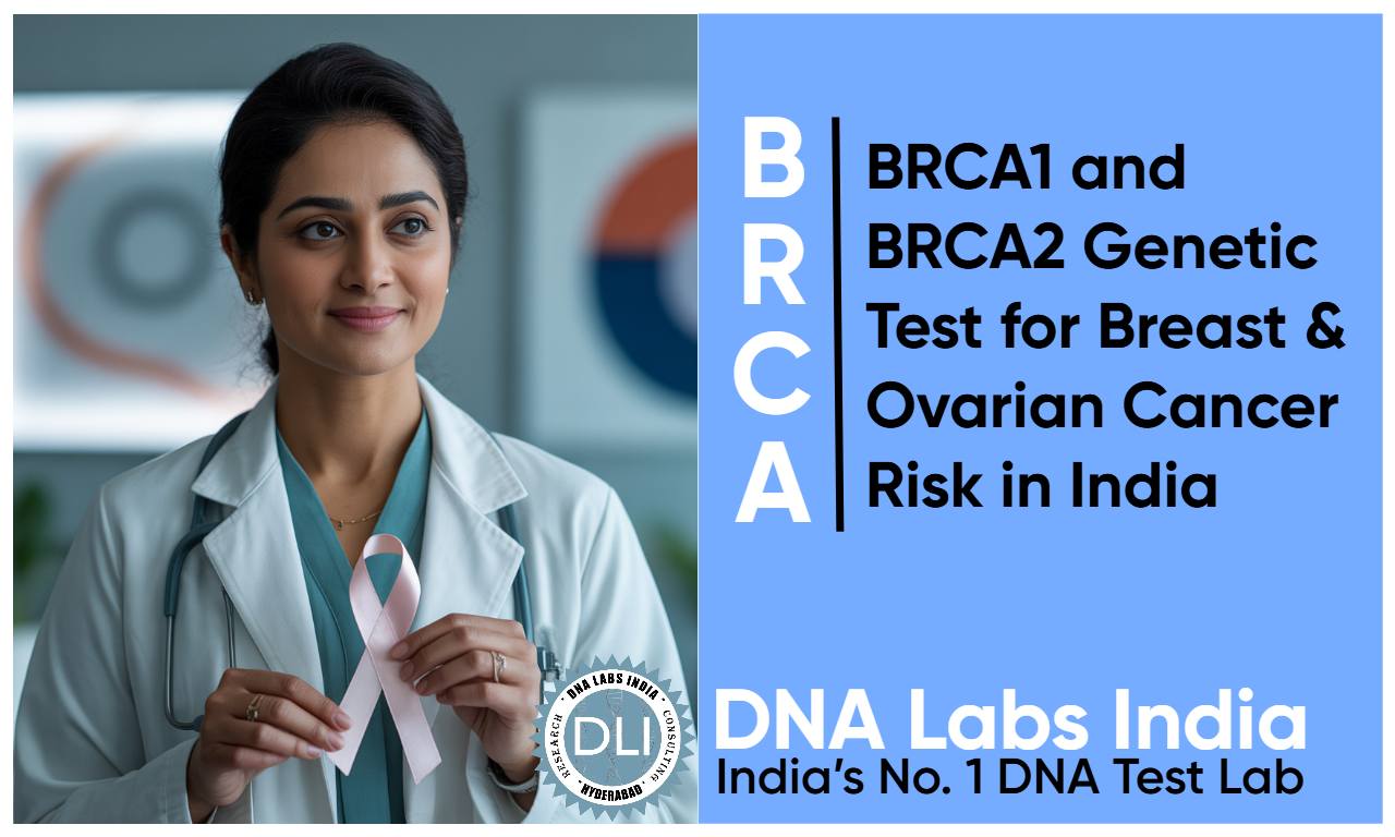 Doctor holding a pink ribbon for breast cancer awareness, promoting BRCA1 and BRCA2 genetic testing at DNA Labs India.